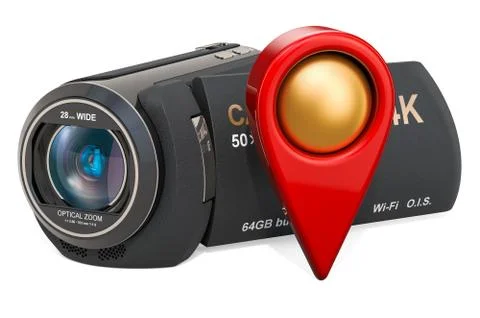 Map pointer with camcorder, 3D rendering Illustrazione stock