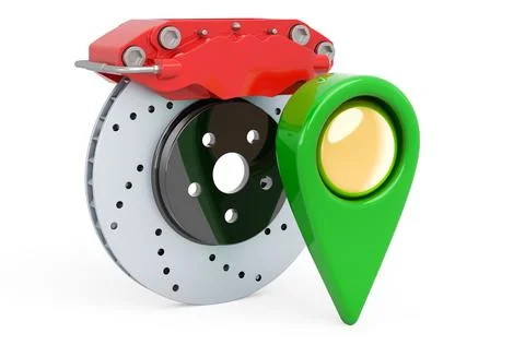 Map pointer with car disc brake with caliper, 3D rendering Illustrazione stock