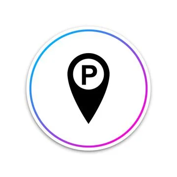 Map pointer with car parking sign isolated on white background. Circle white Stockillustratie