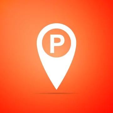 Map pointer with car parking sign isolated on orange background. Flat desig.. Stock Illustration