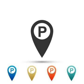 Map pointer with car parking sign isolated on white background. Set element.. Stock Illustration