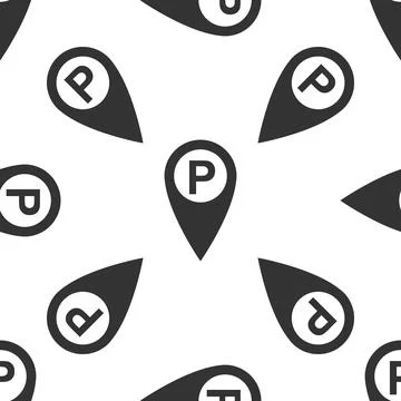 Map pointer with car parking sign icon seamless pattern on white background.. 스톡 일러스트