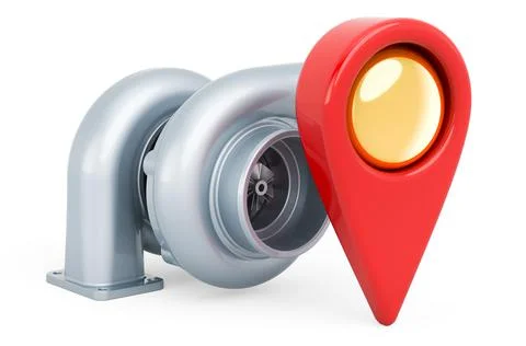 Map pointer with car turbocharger. 3D rendering Illustrazione stock