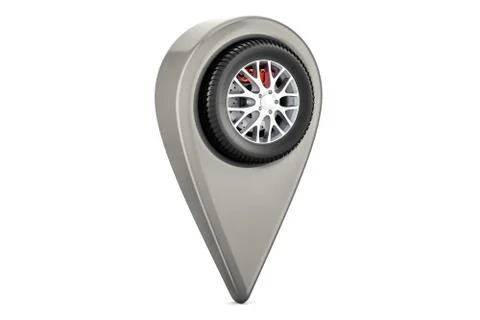 Map pointer with car wheel, service location concept. 3D rendering 库存插图