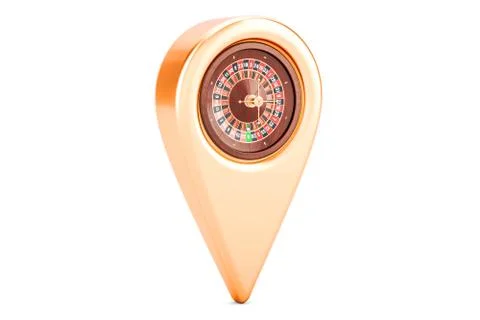 Map pointer with casino roulette, location concept. 3D rendering Illustrazione stock