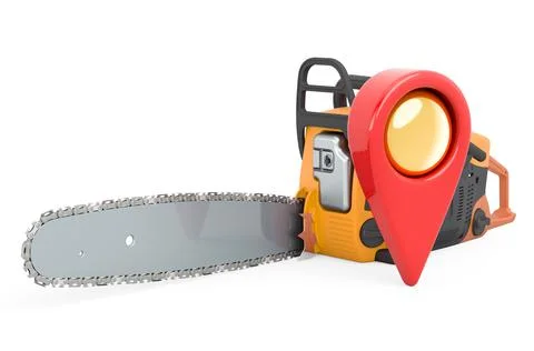 Map pointer with chain saw. 3D rendering Illustrazione stock