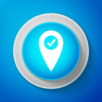 Map pointer with check mark icon isolated on blue background. Marker location Ilustración de archivo