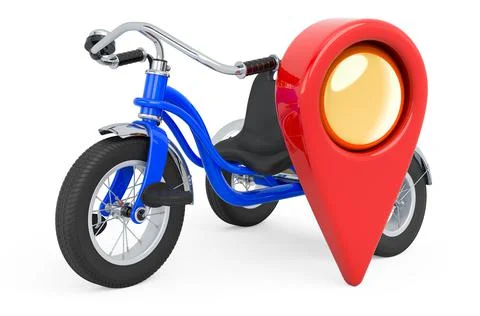 Map pointer with childrens tricycle, 3D rendering Illustrazione stock