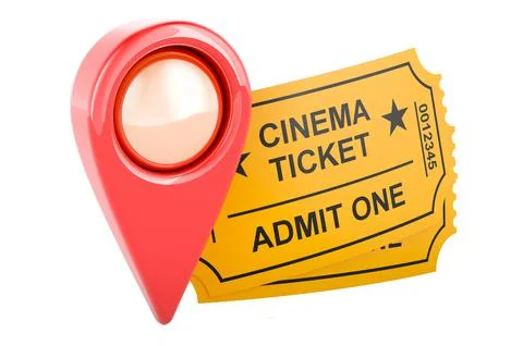 Map pointer with cinema tickets, 3D rendering 库存插图