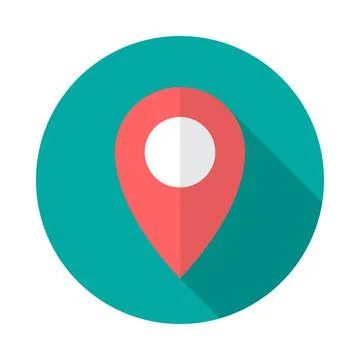 Map pointer circle icon with long shadow. Flat design style. Stock Illustration