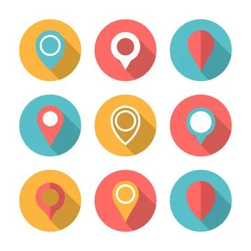 Map pointer circle icon set with long shadow. Flat design style. Stock Illustration