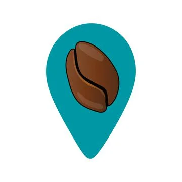 Map pointer with coffee bean icon close up. Coffee point logo isolated Illustrazione stock