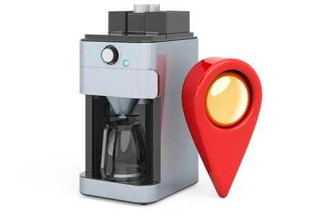 Map pointer with coffee machine. 3D rendering 库存插图