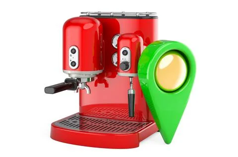 Map pointer with coffeemaker. 3D rendering Illustrazione stock