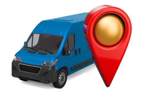 Map pointer with commercial van, 3D rendering Illustrazione stock