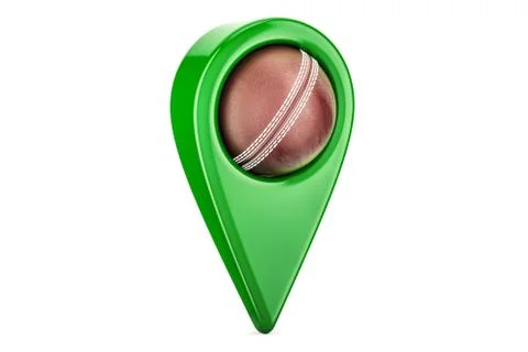 Map pointer with cricket ball, location concept. 3D rendering Stock Illustration