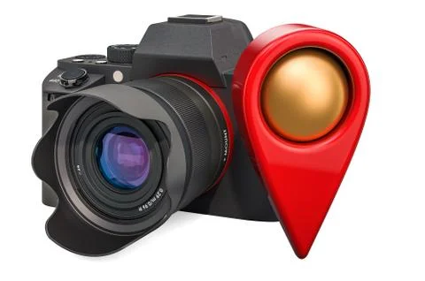 Map pointer with digital camera, 3D rendering Illustrazione stock