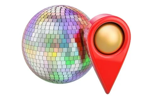 Map pointer with disco ball. 3D rendering 库存插图