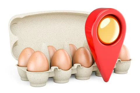Map pointer with eggs in an egg carton. 3D rendering 库存插图