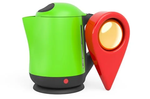 Map pointer with electric kettle, 3D rendering Illustrazione stock