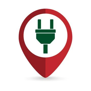 Map pointer with electrical plug sign. Vector illustration. Illustrazione stock