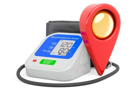 Map pointer with electronic sphygmomanometer, 3D rendering Stock Illustration