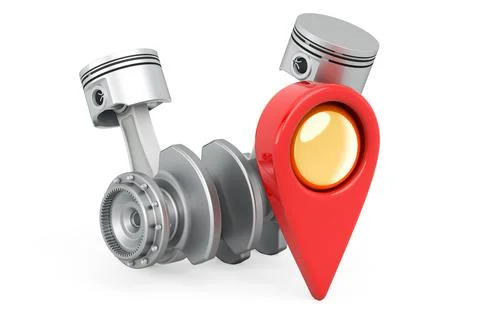 Map pointer with engine pistons, 3D rendering Illustrazione stock