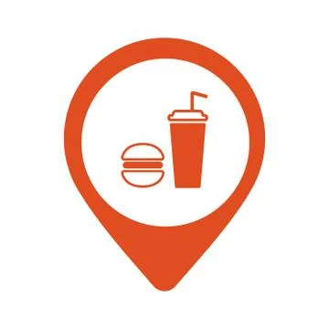 Map pointer with fast food icon. Vector isolated location sign. Illustrazione stock