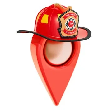 Map pointer with firefighter helmet, 3D rendering Illustrazione stock