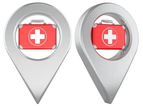 Map pointer with first aid kit. Medical location, pharmacy, clinic, and eme.. Stock Illustration