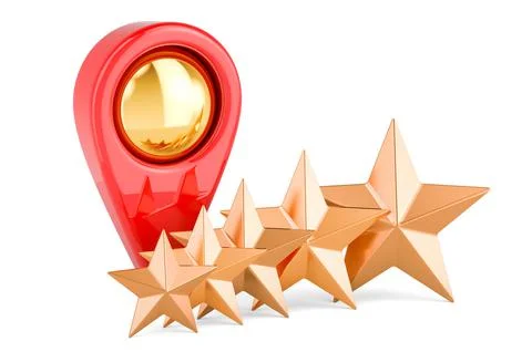 Map pointer with five golden stars. 3D rendering Illustrazione stock