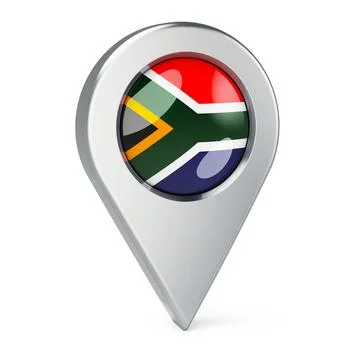 Map pointer with flag of South Africa, 3D rendering Illustrazione stock