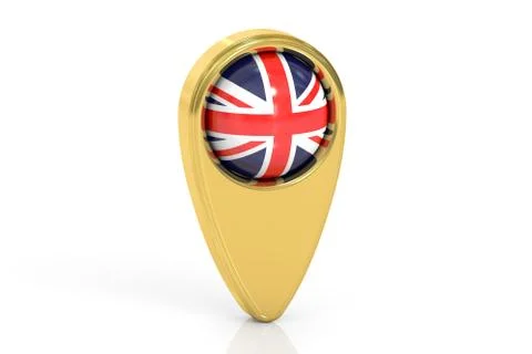 Map pointer with flag of UK, 3D rendering Illustrazione stock