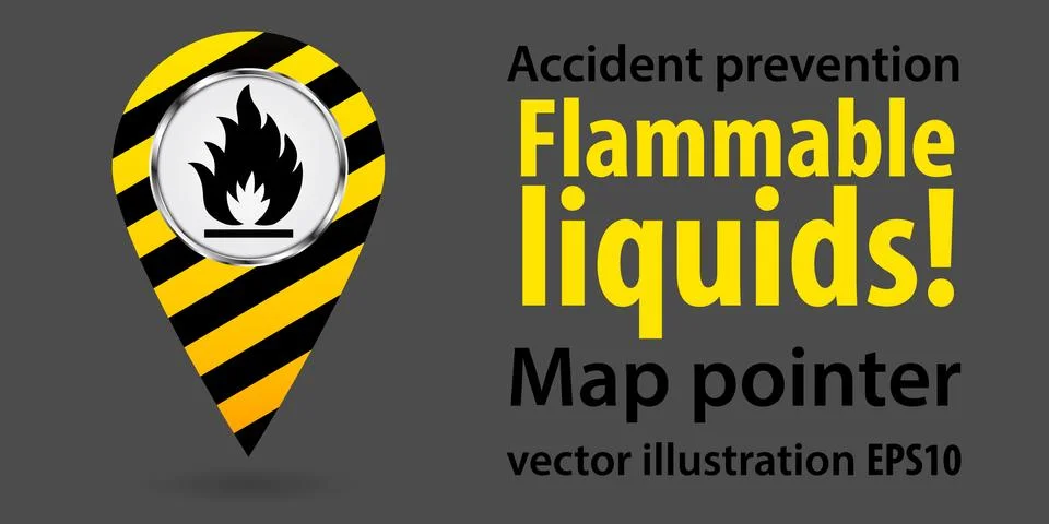 Map pointer. Flammable liquids. Safety information. Industrial design. Vector Stock Illustration