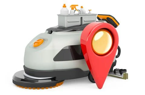 Map pointer with floor scrubber dryer. 3D rendering Illustrazione stock