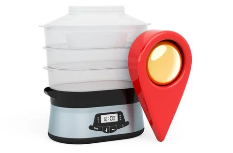 Map pointer with food steamer. 3D rendering Stock Illustration