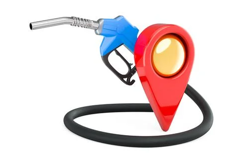 Map pointer with fuel pump nozzle. Gas station location concept, 3D rendering 스톡 일러스트