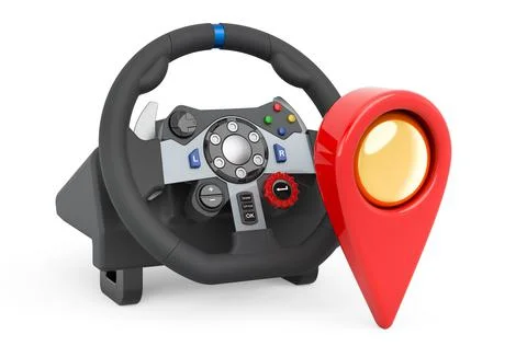 Map pointer with gaming steering wheel, 3D rendering Stock Illustration