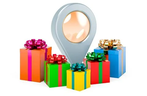Map pointer with gift boxes, gift concept. 3D rendering Map pointer with g... Stock Photos