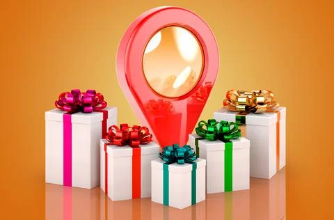 Map pointer with gifts, 3D rendering Illustrazione stock