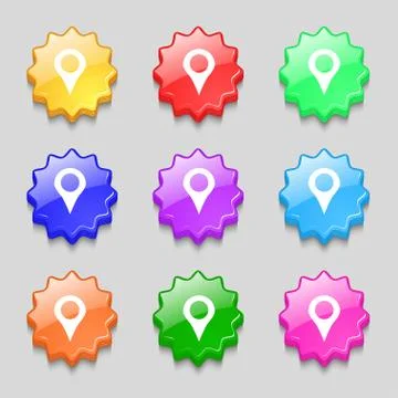Map pointer, GPS location icon sign. symbol on nine wavy colourful buttons. V Stock Illustration