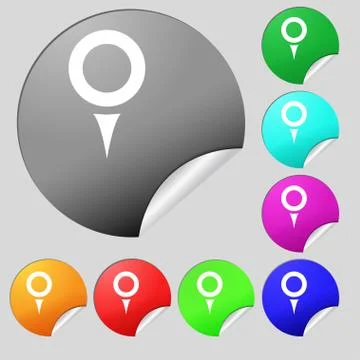 Map pointer, GPS location  icon sign. Set of eight multi-colored round button 스톡 일러스트
