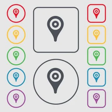 Map pointer, GPS location icon sign. symbol on the Round and square buttons w Stock Illustration