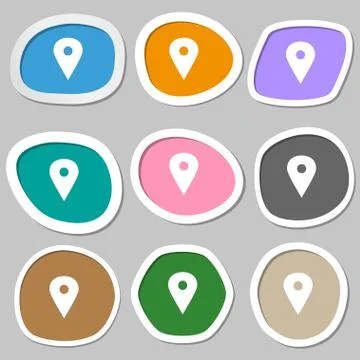 Map pointer, GPS location  icon symbols. Multicolored paper stickers. Vector Stock Illustration