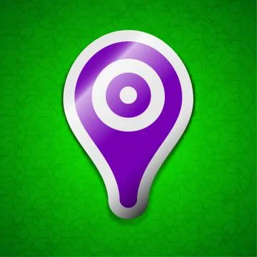Map pointer, GPS location icon sign. Symbol chic colored sticky label on green b Stock Illustration