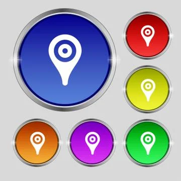 Map pointer, GPS location icon sign. Round symbol on bright colourful buttons. イラスト素材