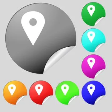 Map pointer, GPS location icon sign. Set of eight multi-colored round buttons, s Stock Illustration