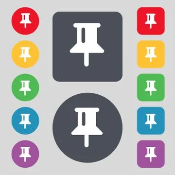 Map pointer, GPS location icon sign. A set of 12 colored buttons. Flat design. Stock Illustration