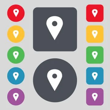 Map pointer, GPS location icon sign. A set of 12 colored buttons. Flat design. 스톡 일러스트