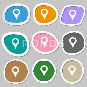 Map pointer, GPS location icon symbols. Multicolored paper stickers ...